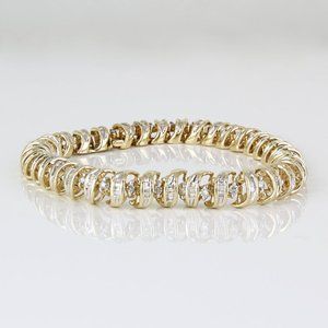 14k Yellow Gold Round + Baguette Diamond Tennis Bracelet - Anniversary